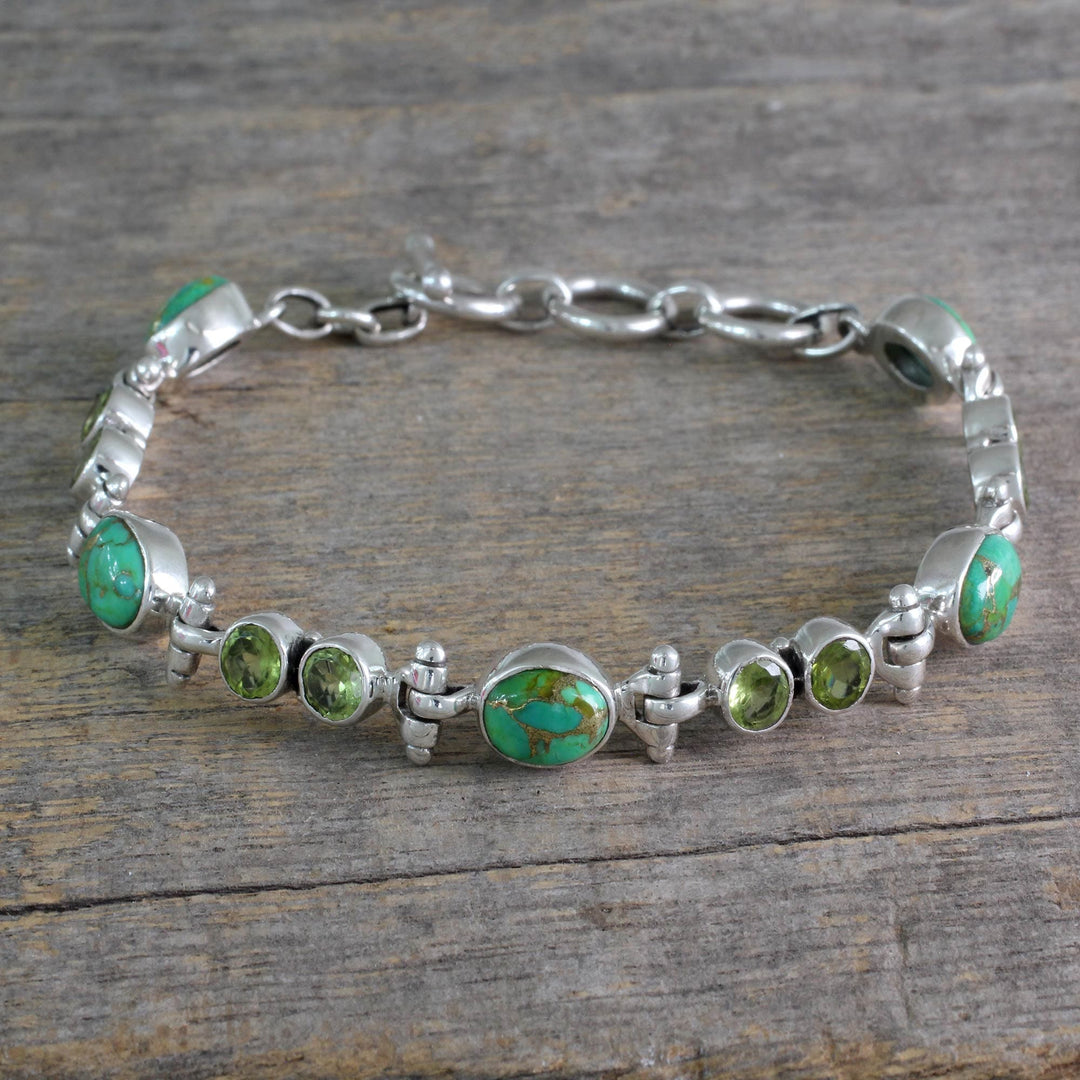 Peridot and Reconstituted Turquoise Silver Link Bracelet - Green Glow
