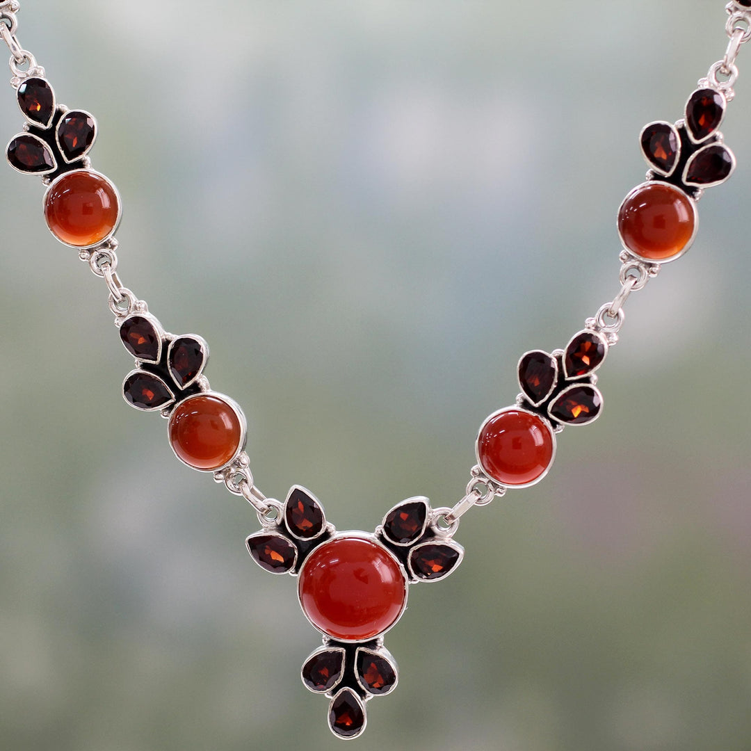 Hand Crafted Carnelian and Garnet Sterling Silver Necklace - Rosy Blossom