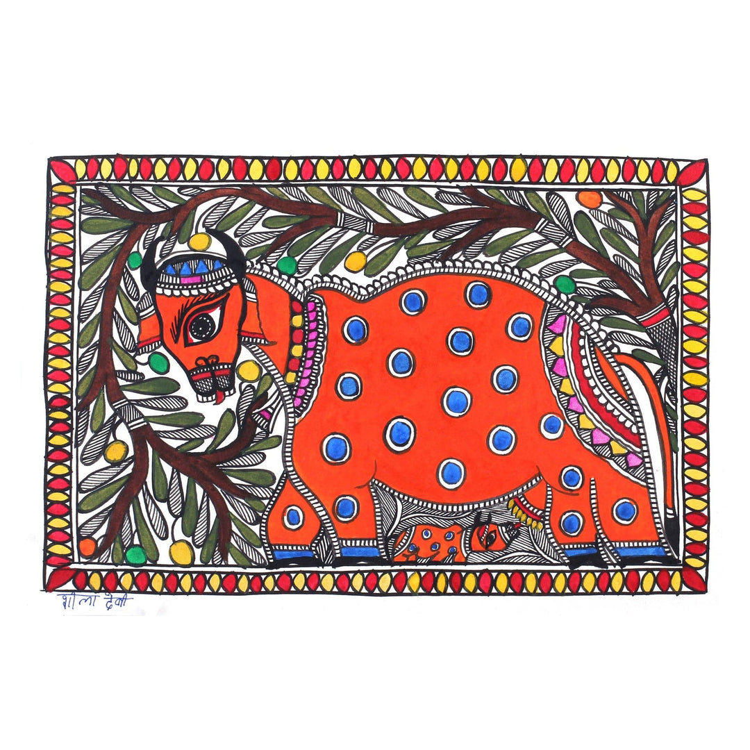 Madhubani Cow and Calf Painting from India - Mother Nurture