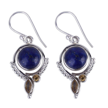 Handmade Lapis Lazuli and Citrine Dangle Earrings from India - Glory in Blue