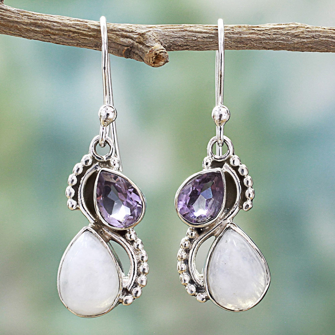 Silver and Rainbow Moonstone Earrings with Faceted Amethyst - Two Teardrops