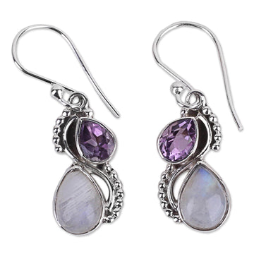 Silver and Rainbow Moonstone Earrings with Faceted Amethyst - Two Teardrops