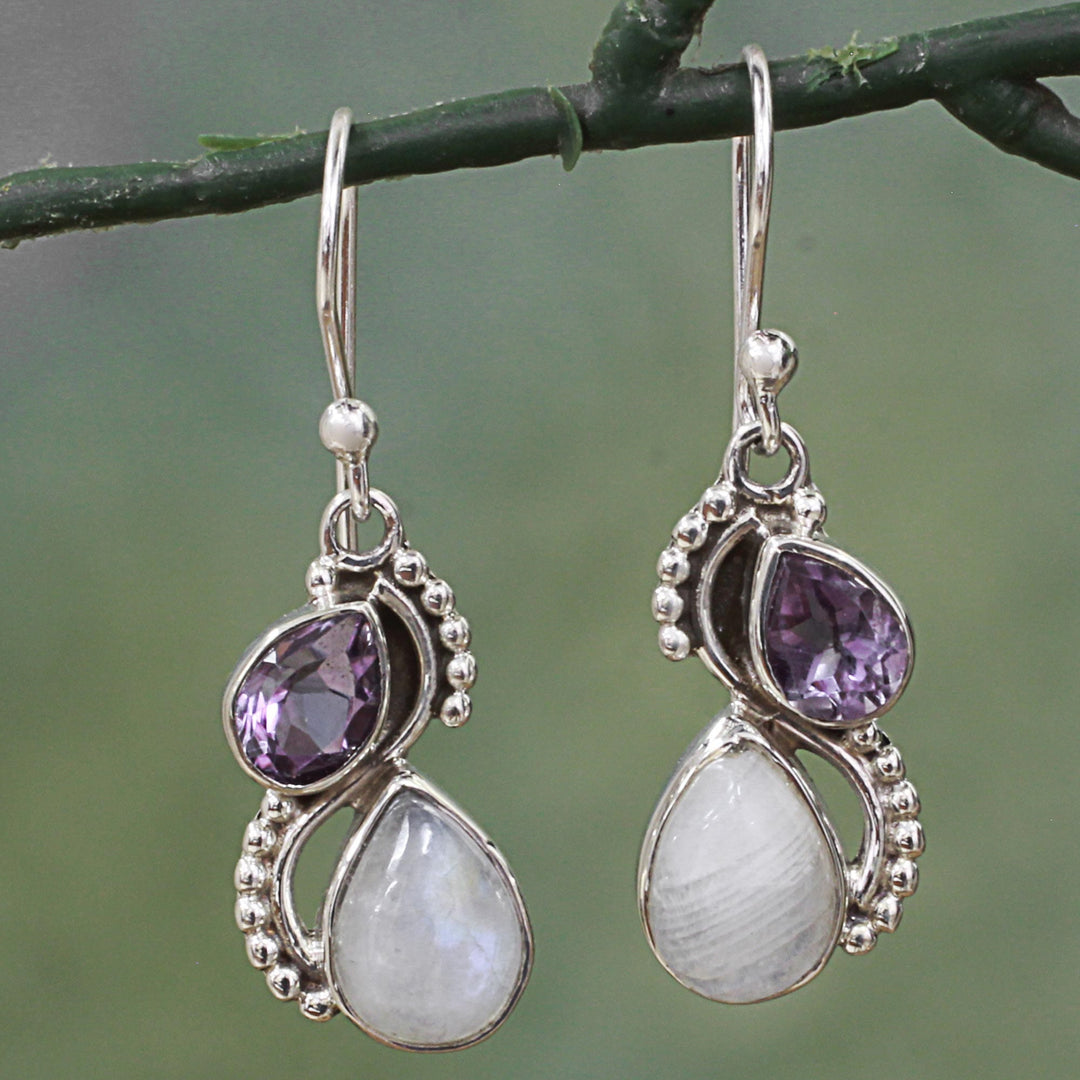 Silver and Rainbow Moonstone Earrings with Faceted Amethyst - Two Teardrops