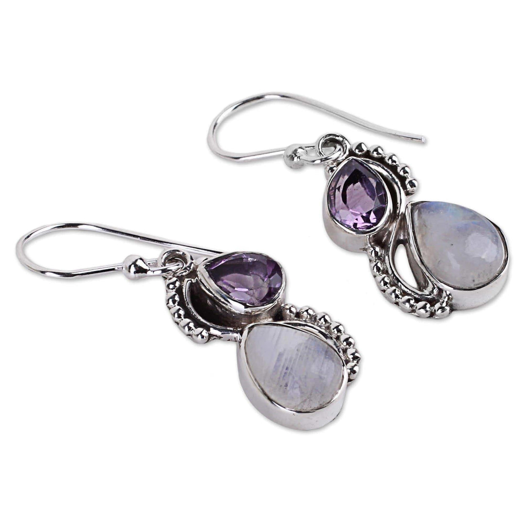 Silver and Rainbow Moonstone Earrings with Faceted Amethyst - Two Teardrops
