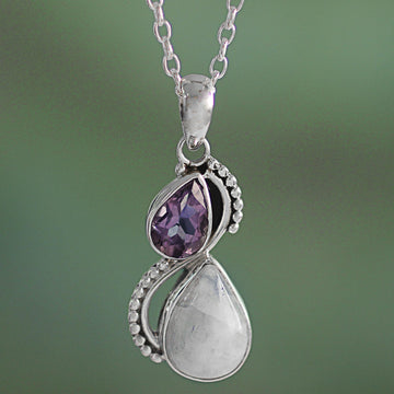 Silver and Rainbow Moonstone Necklace with Faceted Amethyst - Two Teardrops