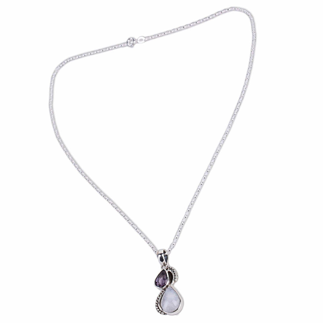 Silver and Rainbow Moonstone Necklace with Faceted Amethyst - Two Teardrops