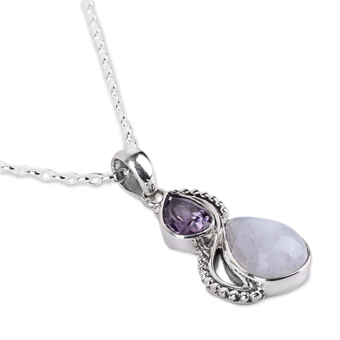 Silver and Rainbow Moonstone Necklace with Faceted Amethyst - Two Teardrops