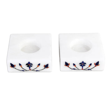 Square Marble Tealight Holder with Blue Blooming Buds (Pair) - Blooming Buds in Blue