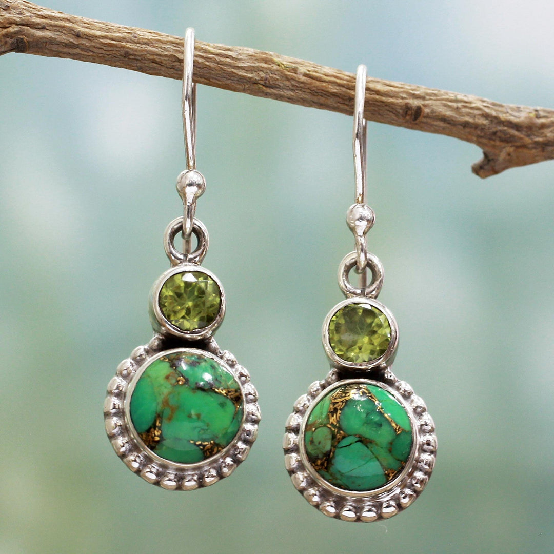 Peridot, Composite Turquoise, and Sterling Silver Earring - Forest Floor