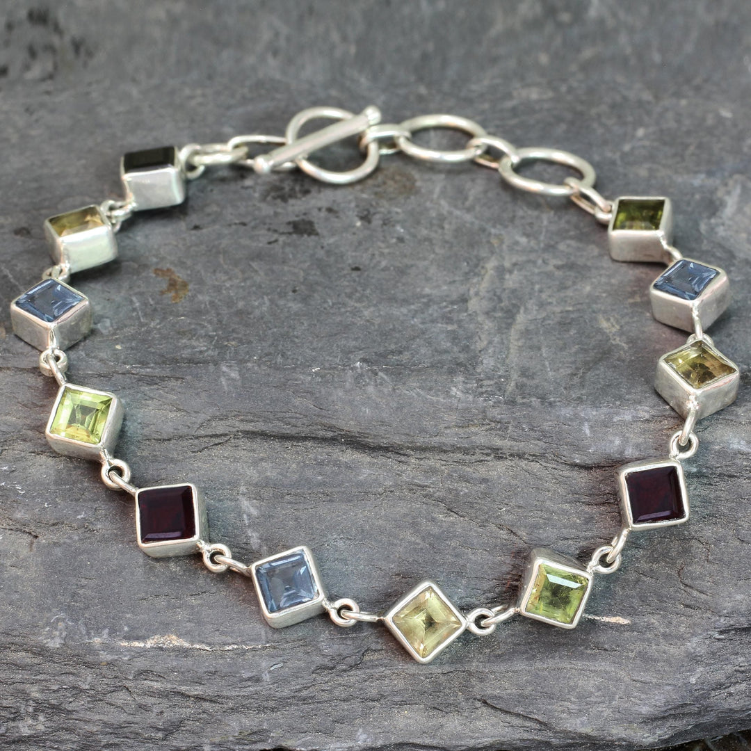 Handcrafted Multigemstone and Sterling Silver Link Bracelet - Delicate Gaze