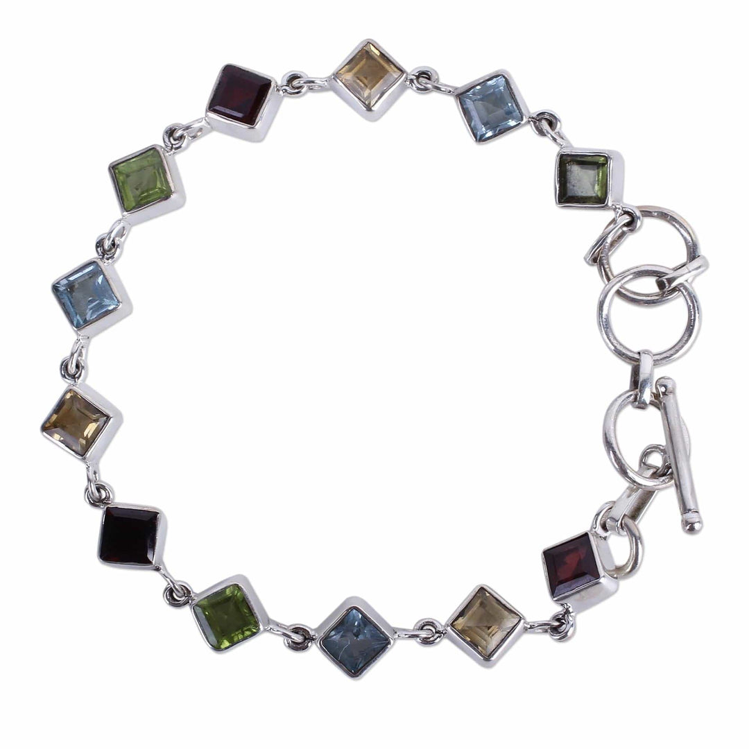 Handcrafted Multigemstone and Sterling Silver Link Bracelet - Delicate Gaze
