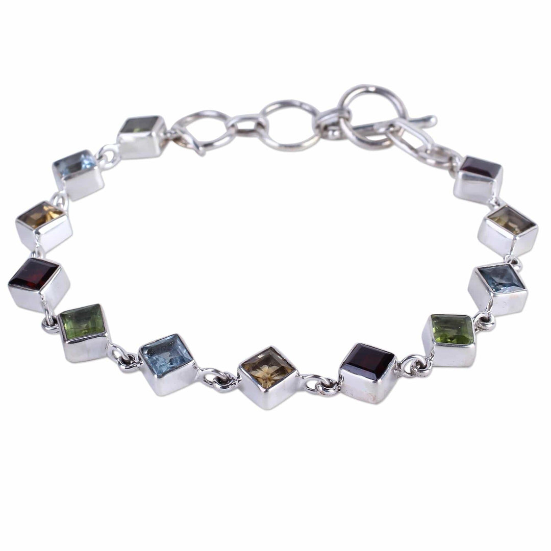 Handcrafted Multigemstone and Sterling Silver Link Bracelet - Delicate Gaze