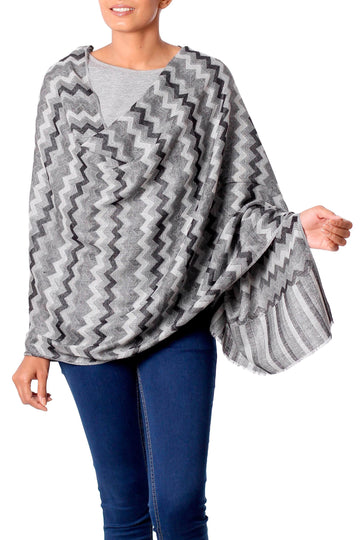 Hand Woven Wool Shawl from India in Grey, Black, and White - Grey Delight