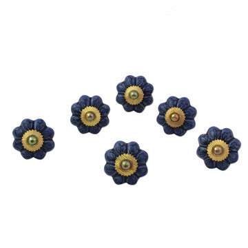 Ceramic Cabinet Knobs Floral Blue (Set of 6) from India - Flower Harmony in Blue