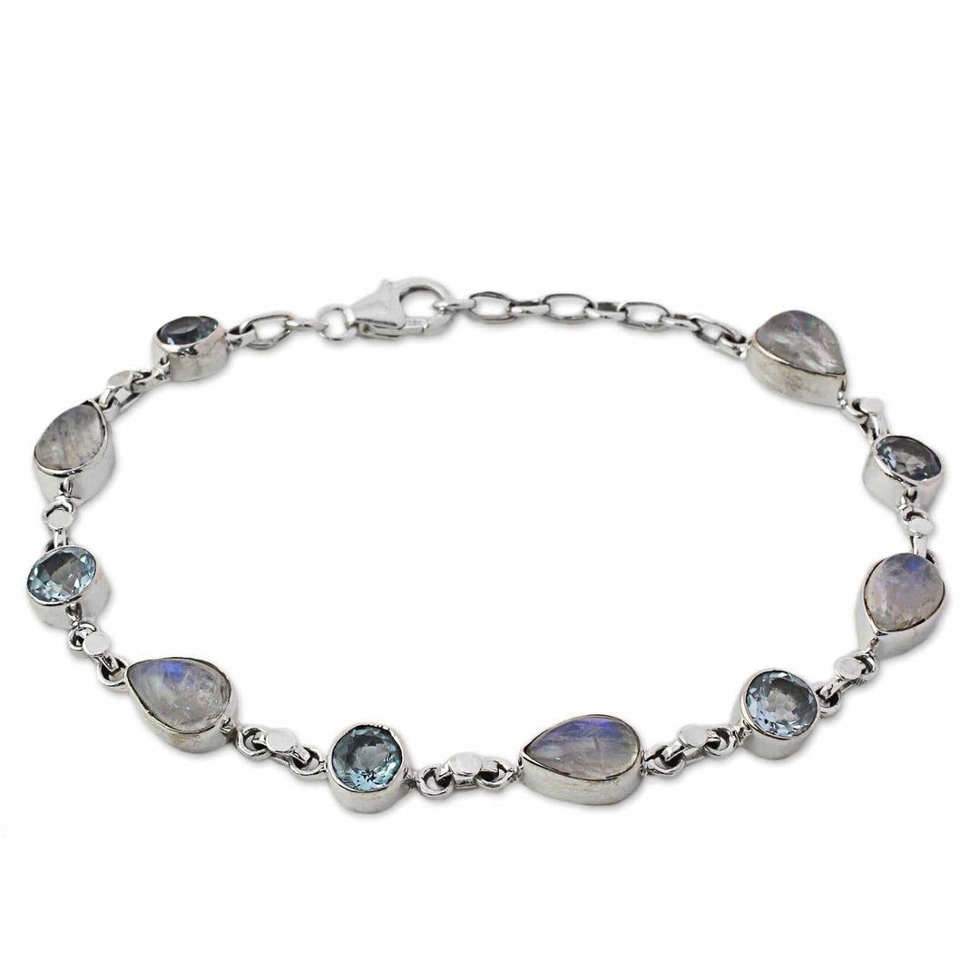 Blue Topaz and Rainbow Moonstone Gemstone Station Bracelet - Misty Sky