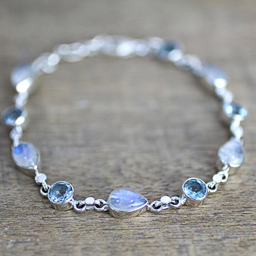Blue Topaz and Rainbow Moonstone Gemstone Station Bracelet - Misty Sky