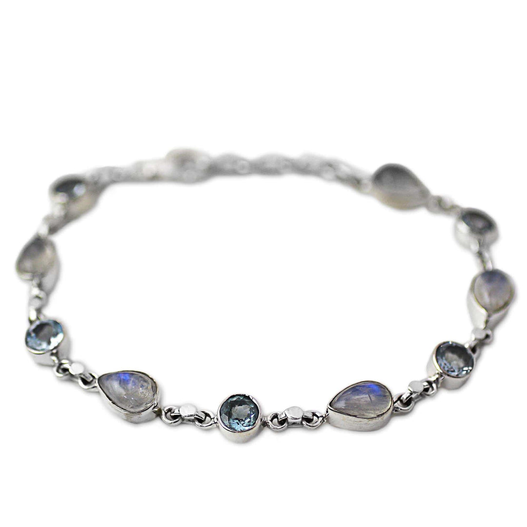 Blue Topaz and Rainbow Moonstone Gemstone Station Bracelet - Misty Sky