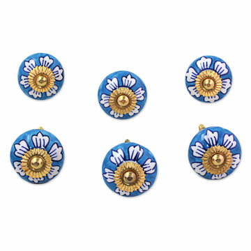 Ceramic Cabinet Knobs Floral Blue White (Set of 6) India - Blue Flowers