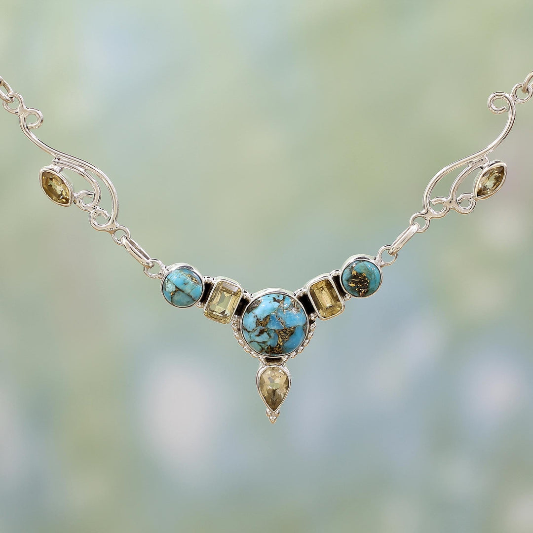 Hand Made Citrine Turquoise Pendant Necklace - Seashore Radiance