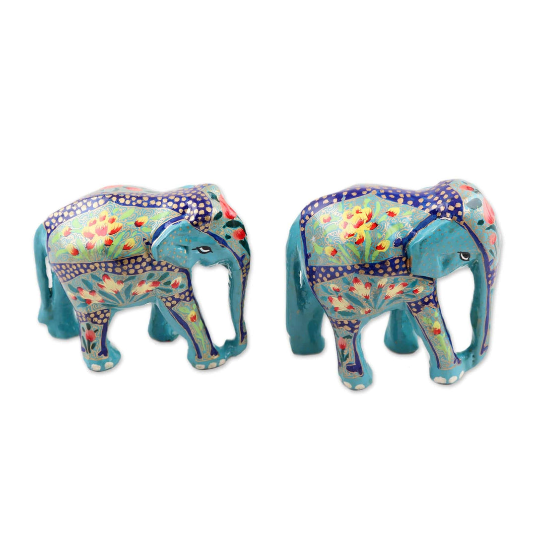 2 Indian Painted Polished Wood Elephant Sculpture Set - Turquoise Beauty