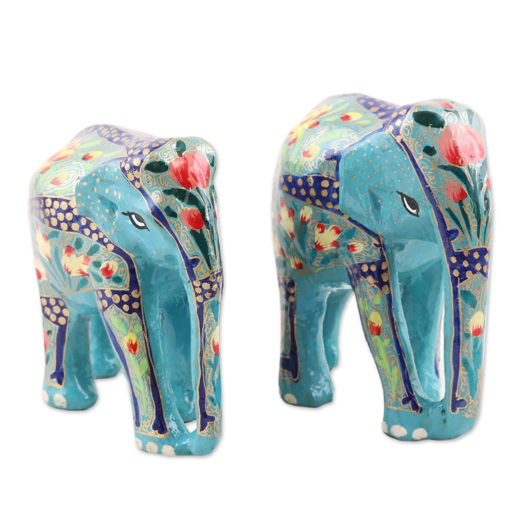 2 Indian Painted Polished Wood Elephant Sculpture Set - Turquoise Beauty