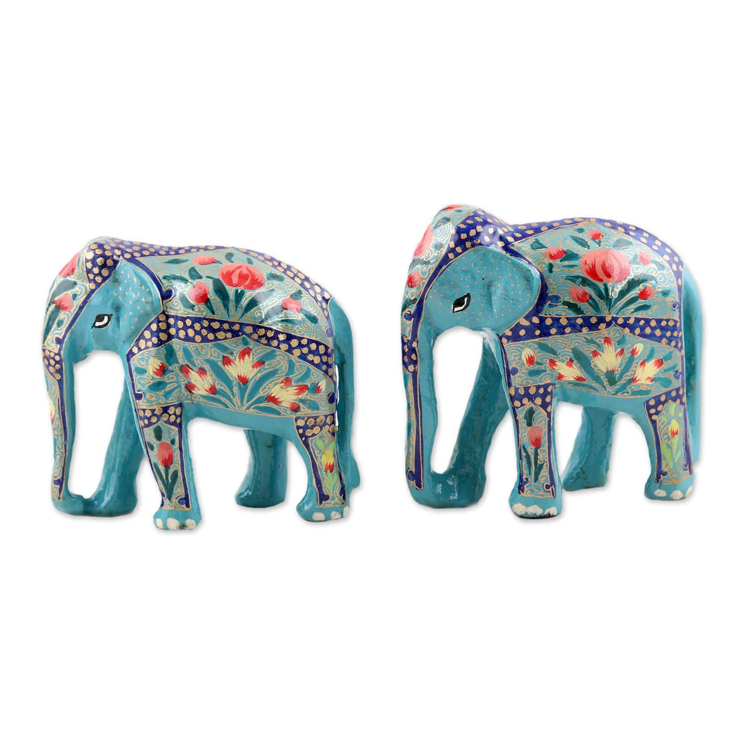 2 Indian Painted Polished Wood Elephant Sculpture Set - Turquoise Beauty