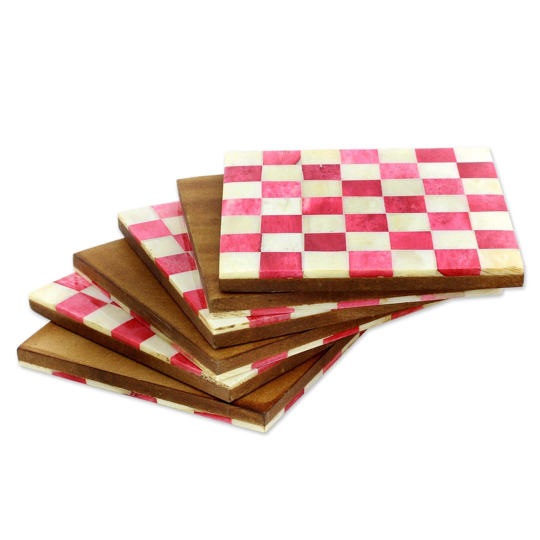 Six Red and Ivory Checkerboard Bone Coasters from India - Red Checkers