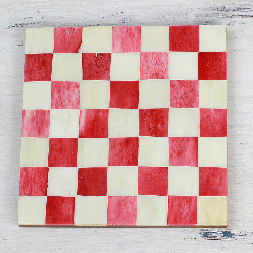 Six Red and Ivory Checkerboard Bone Coasters from India - Red Checkers