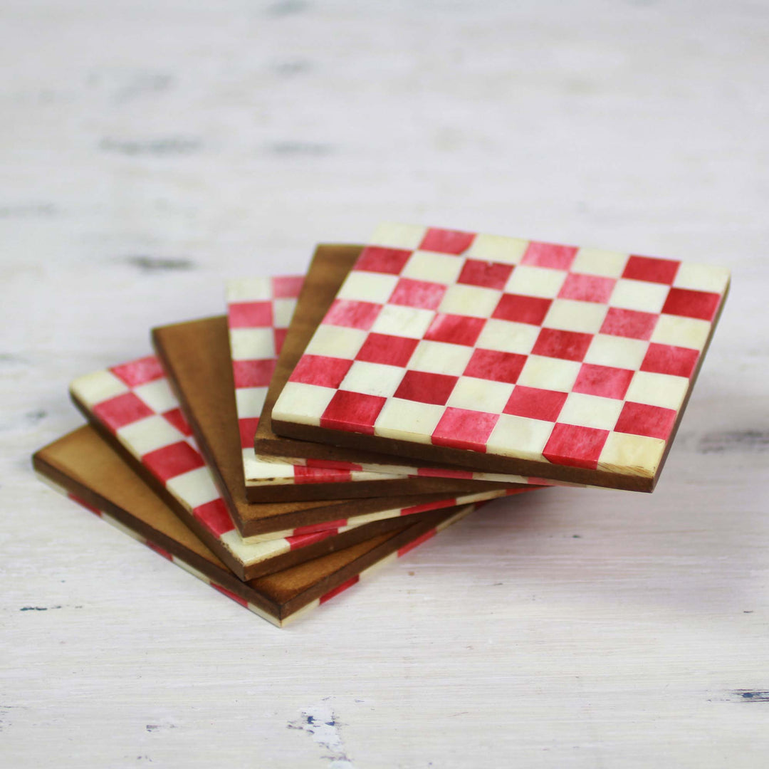 Six Red and Ivory Checkerboard Bone Coasters from India - Red Checkers