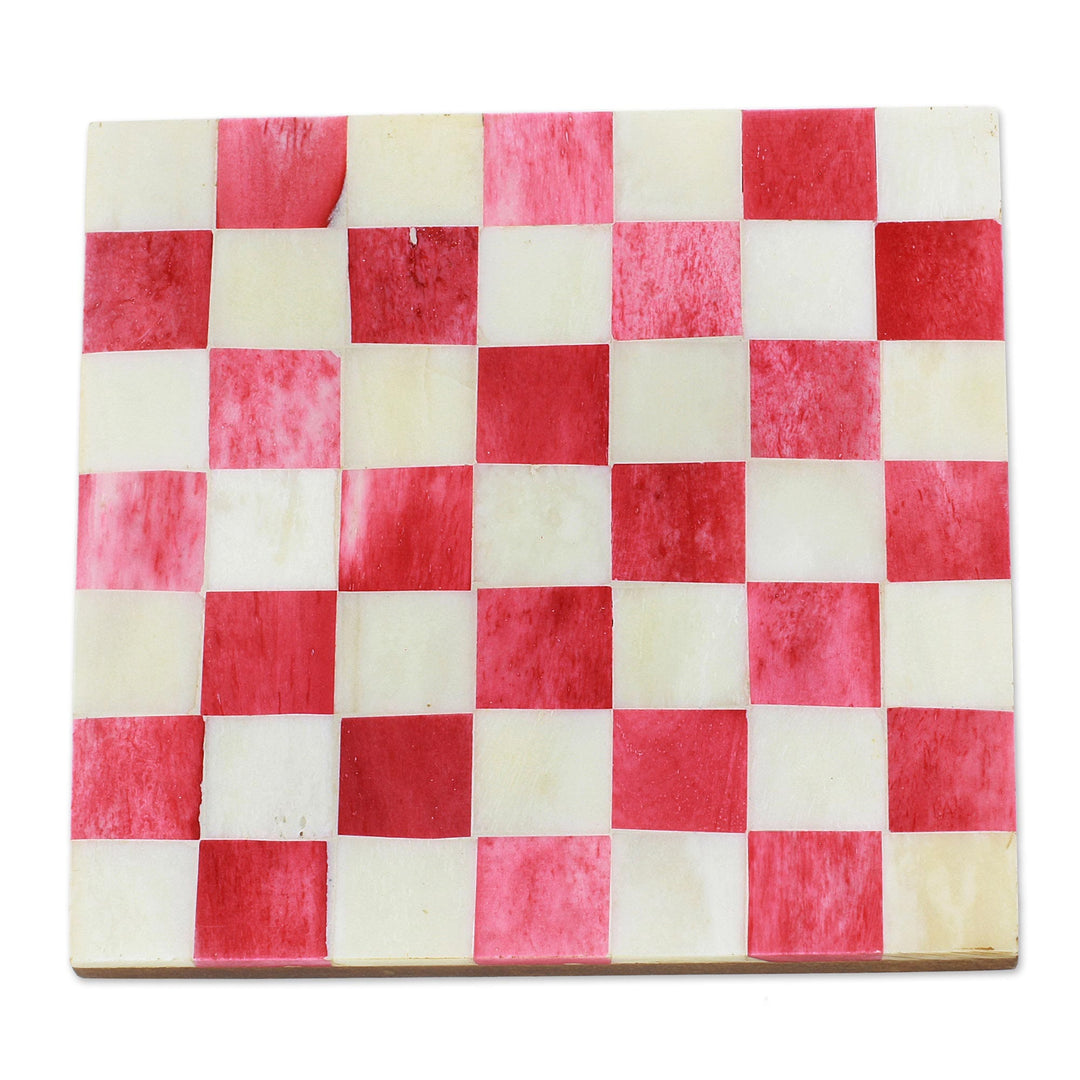 Six Red and Ivory Checkerboard Bone Coasters from India - Red Checkers