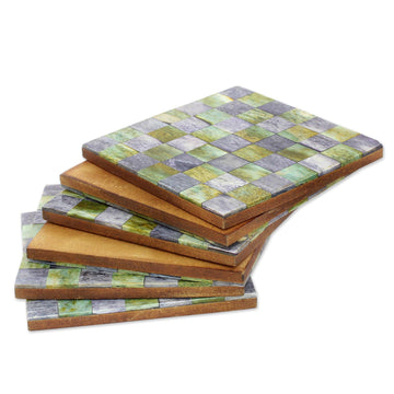 Six Green and Grey Checkerboard Bone Coasters from India - Earthy Checkers