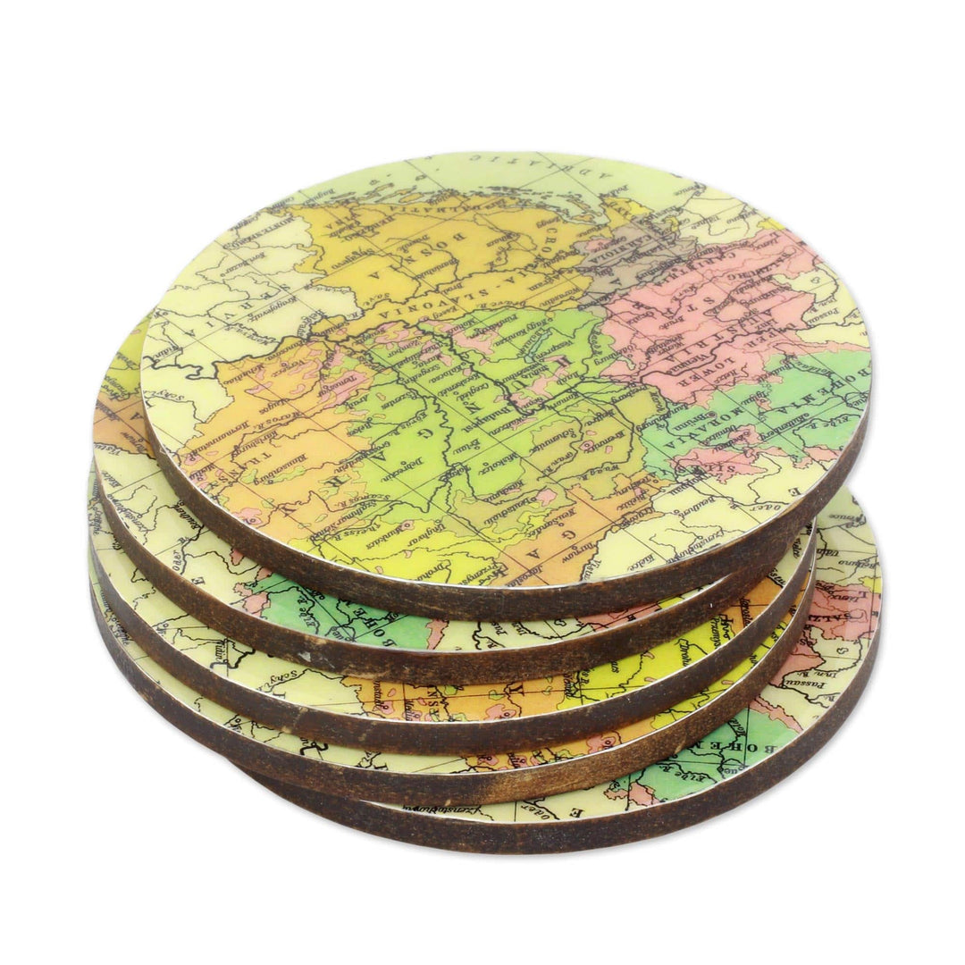 Round Laminated Wood Map Coasters - Set of 5 - Countries of the World