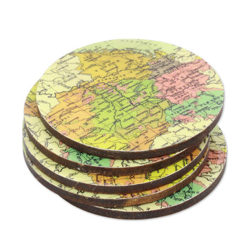 Round Laminated Wood Map Coasters - Set of 5 - Countries of the World