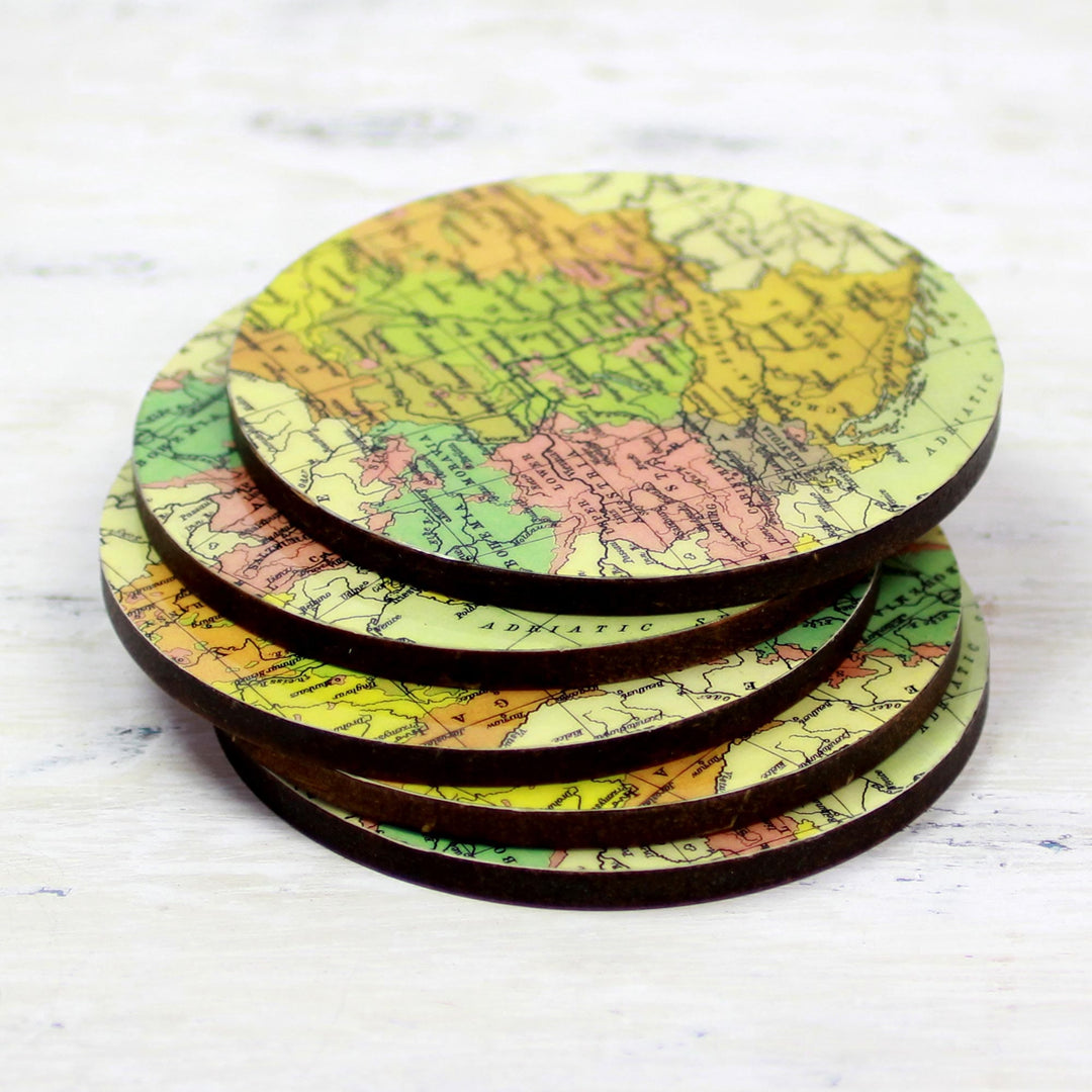 Round Laminated Wood Map Coasters - Set of 5 - Countries of the World