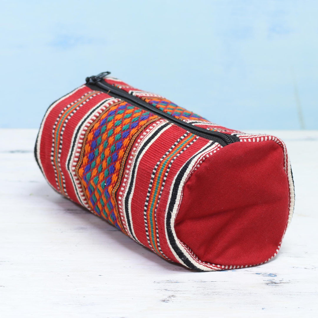 Hand Woven 100% Cotton Multicolor Cosmetic Case from India - Scintillating Desire in Red