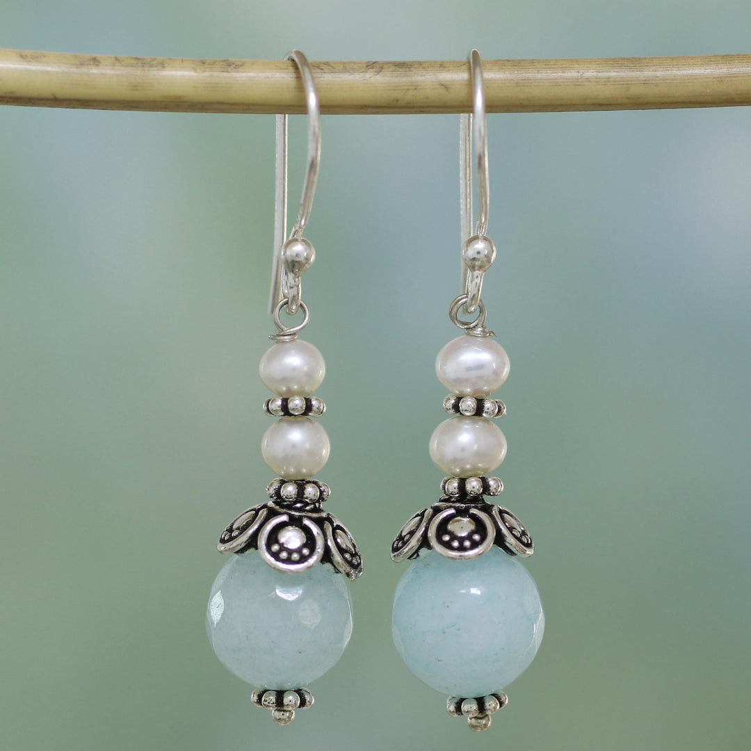 Aqua Aventurine and Cultured Pearl Dangle Earrings - Crowning Glory