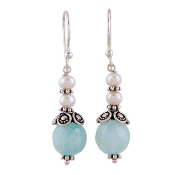 Aqua Aventurine and Cultured Pearl Dangle Earrings - Crowning Glory