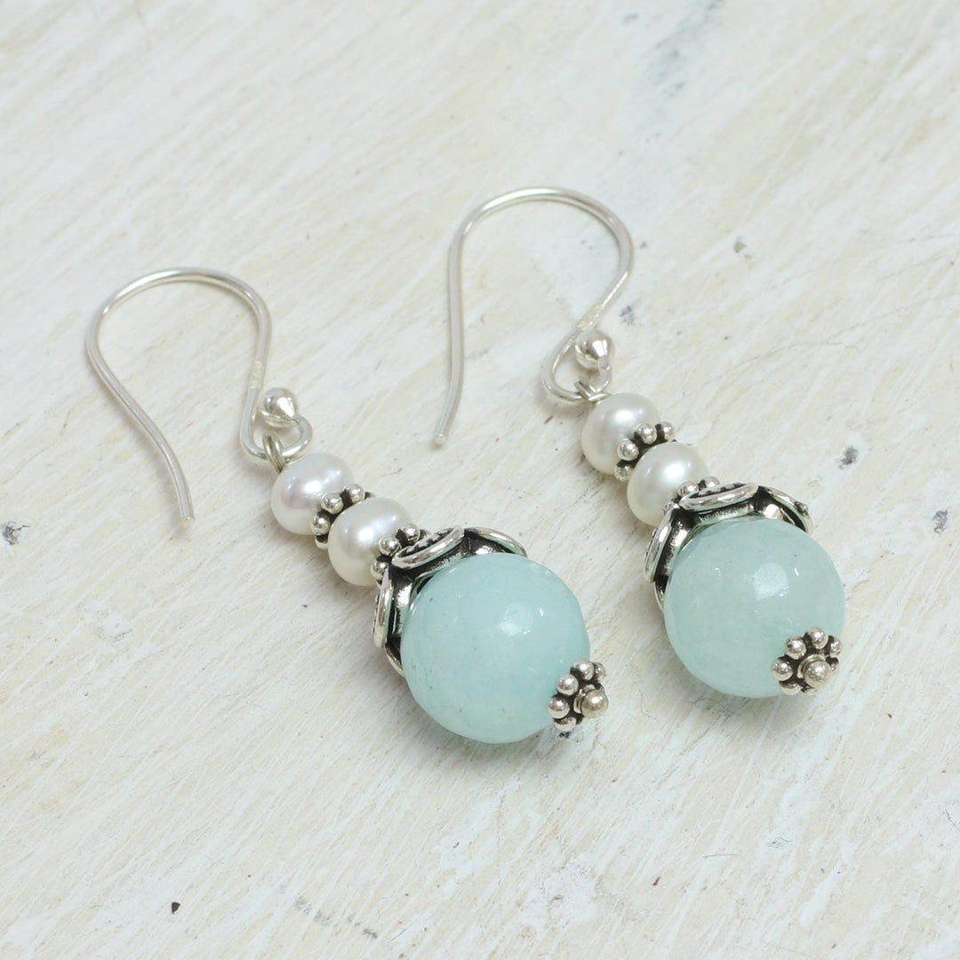 Aqua Aventurine and Cultured Pearl Dangle Earrings - Crowning Glory
