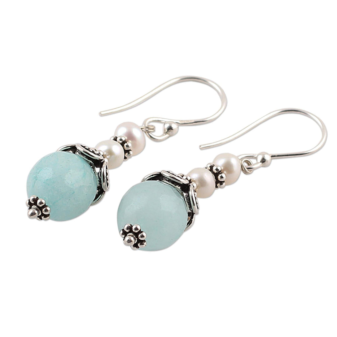 Aqua Aventurine and Cultured Pearl Dangle Earrings - Crowning Glory
