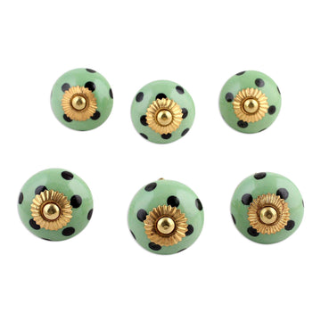 Six Hand Painted Ceramic Knobs in Green and Black from India - Polka Dot Green