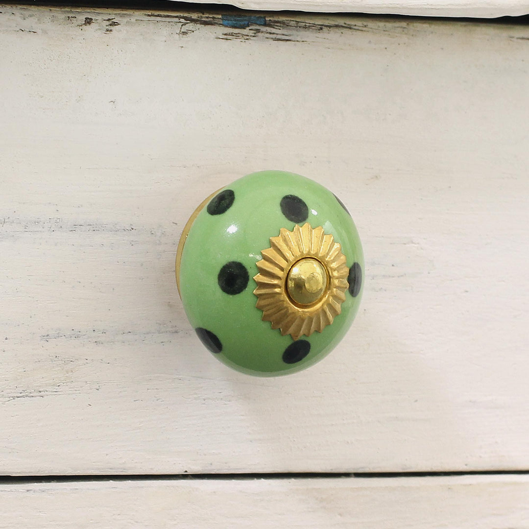Six Hand Painted Ceramic Knobs in Green and Black from India - Polka Dot Green