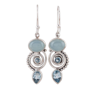 Blue Topaz and Chalcedony Dangle Earrings from India - Sentimental Journey