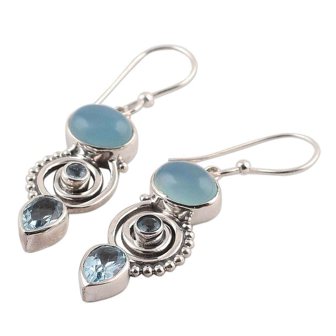 Blue Topaz and Chalcedony Dangle Earrings from India - Sentimental Journey