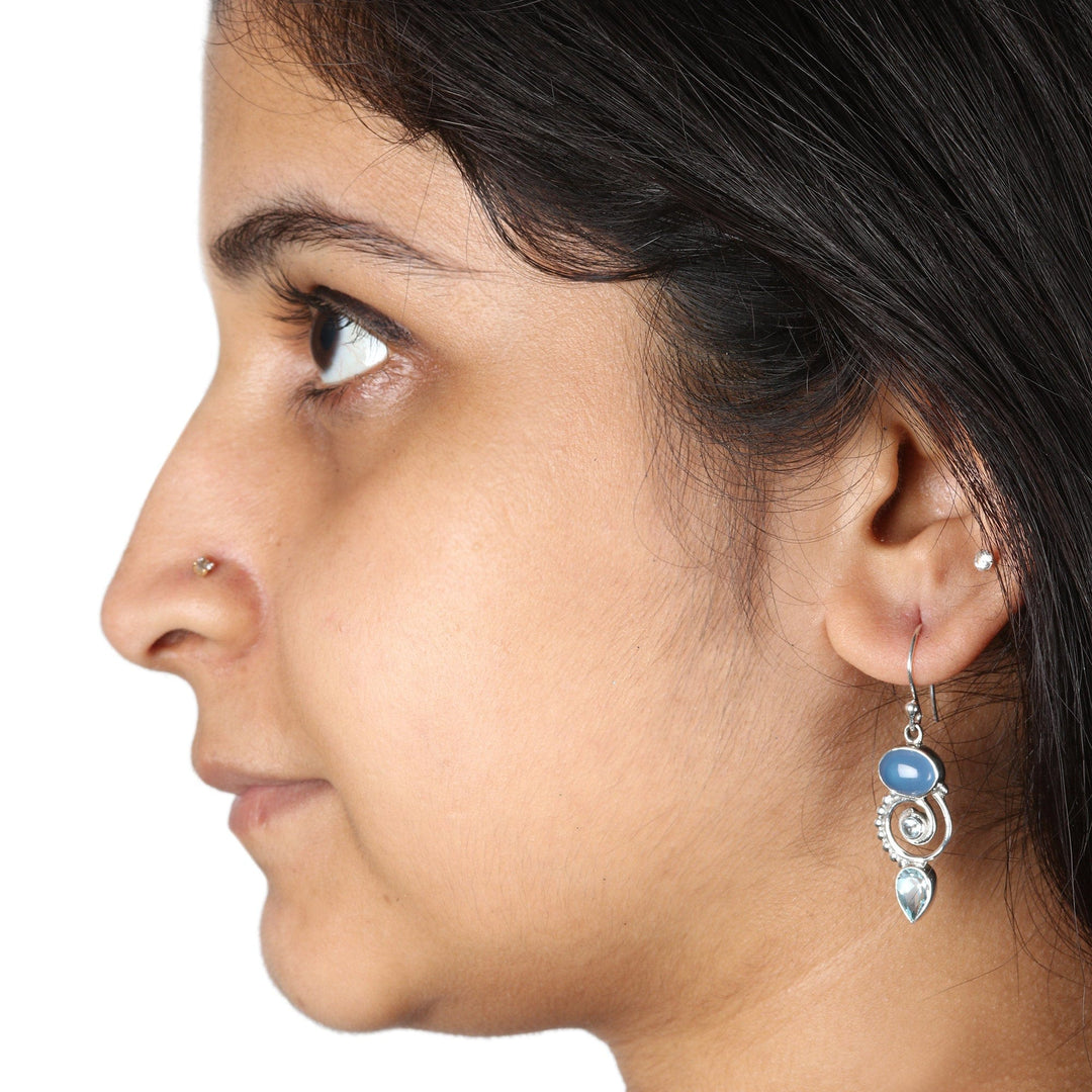 Blue Topaz and Chalcedony Dangle Earrings from India - Sentimental Journey
