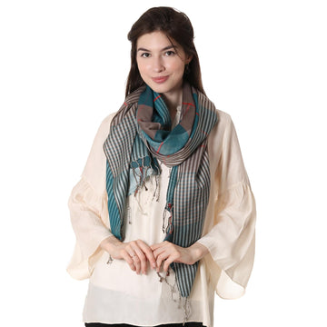 Silk and Wool Blend Checkered Shawl from India - Symphonic Checks