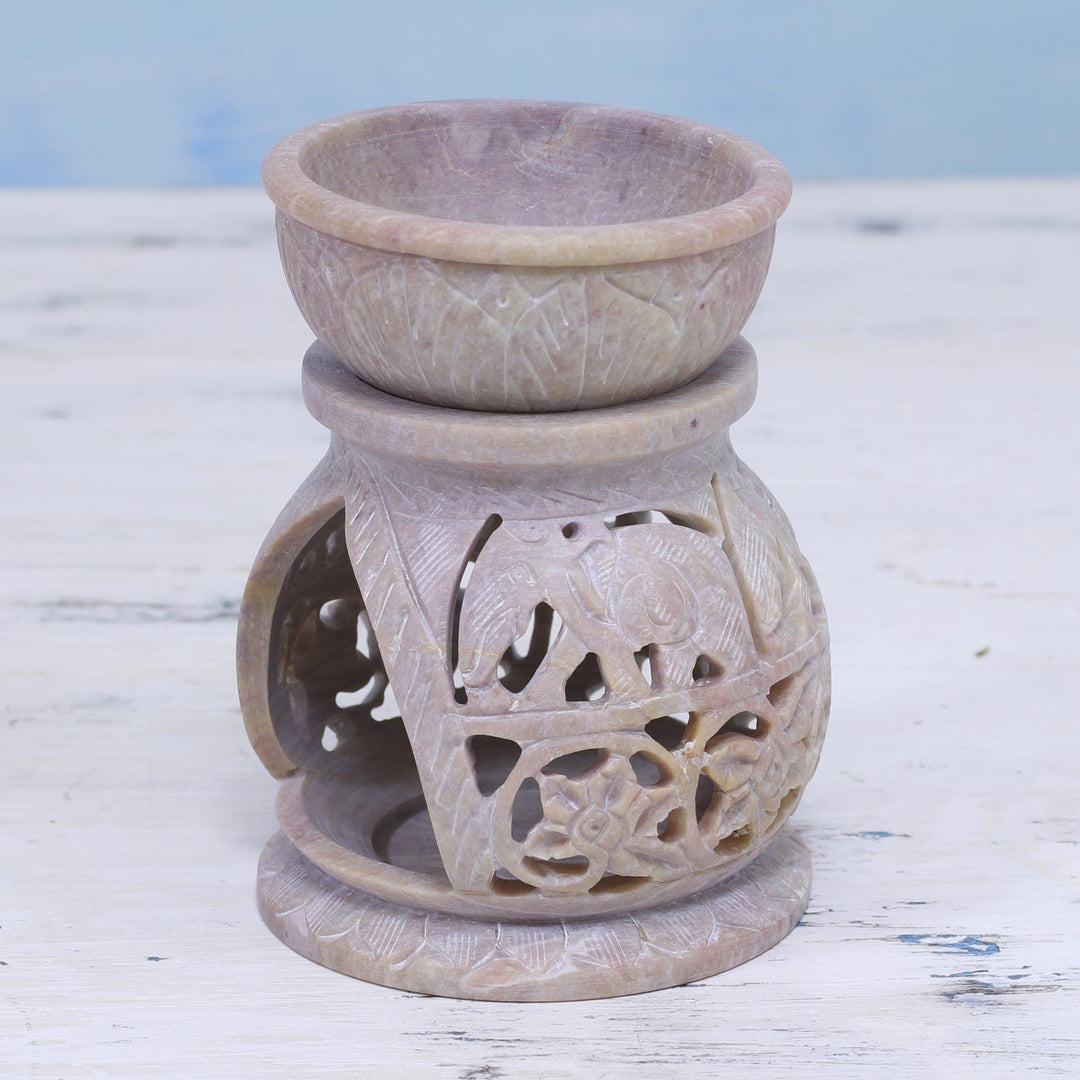 Handcrafted Elephant Soapstone Oil Warmer from India - Elephant Stroll