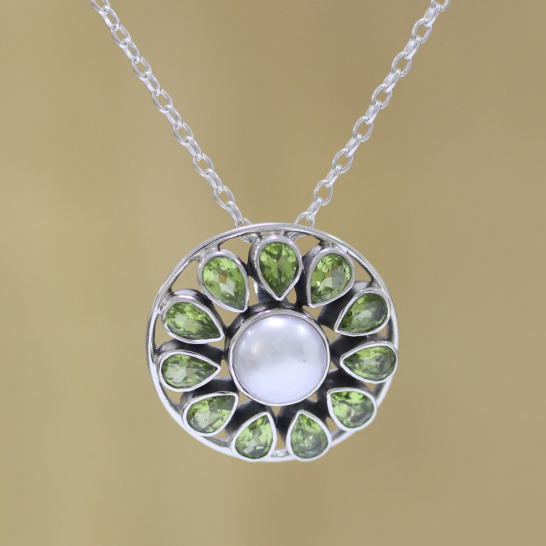 Peridot and Cultured Pearl Sterling Silver Pendant Necklace - Peridot Petals