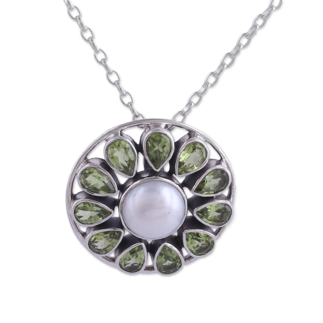 Peridot and Cultured Pearl Sterling Silver Pendant Necklace - Peridot Petals