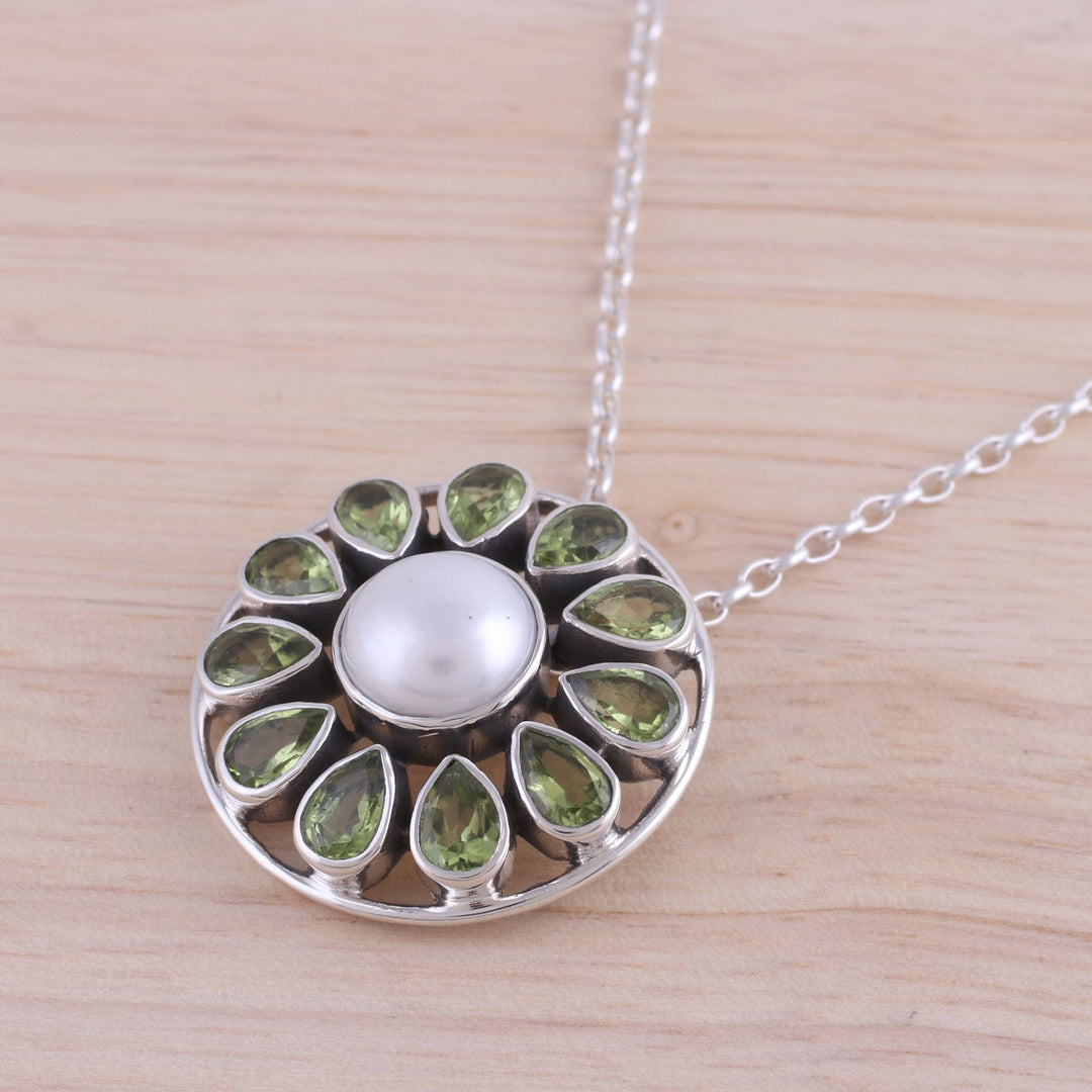 Peridot and Cultured Pearl Sterling Silver Pendant Necklace - Peridot Petals