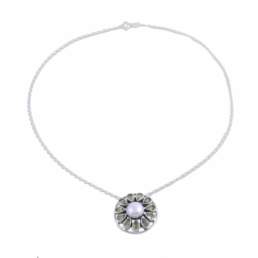 Peridot and Cultured Pearl Sterling Silver Pendant Necklace - Peridot Petals
